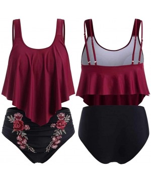 Women's Two Pieces Ruched High Waist Bikini Set - 04 Embroidery Floral-burgundy - CF18W4HX3LC $17.49-Sets