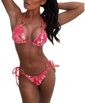 Women Two Piece Swimsuit Sexy Sequin Rhinestone Crystal Diamond Push-up Bikini Set Swimwear - Hot Pink - C118UKSWC8H $24.57-Sets