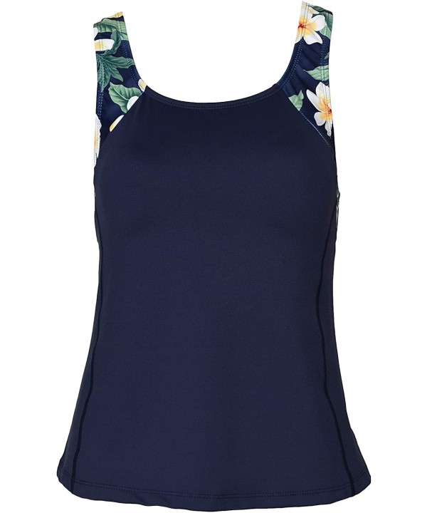 Women Plus Size UPF50+ Swim Tankini Sleeveless Bra Top Rash Guard - Navy With Hawaiian Navy Plumeria - C218KGZDR0E $24.42-Ras...