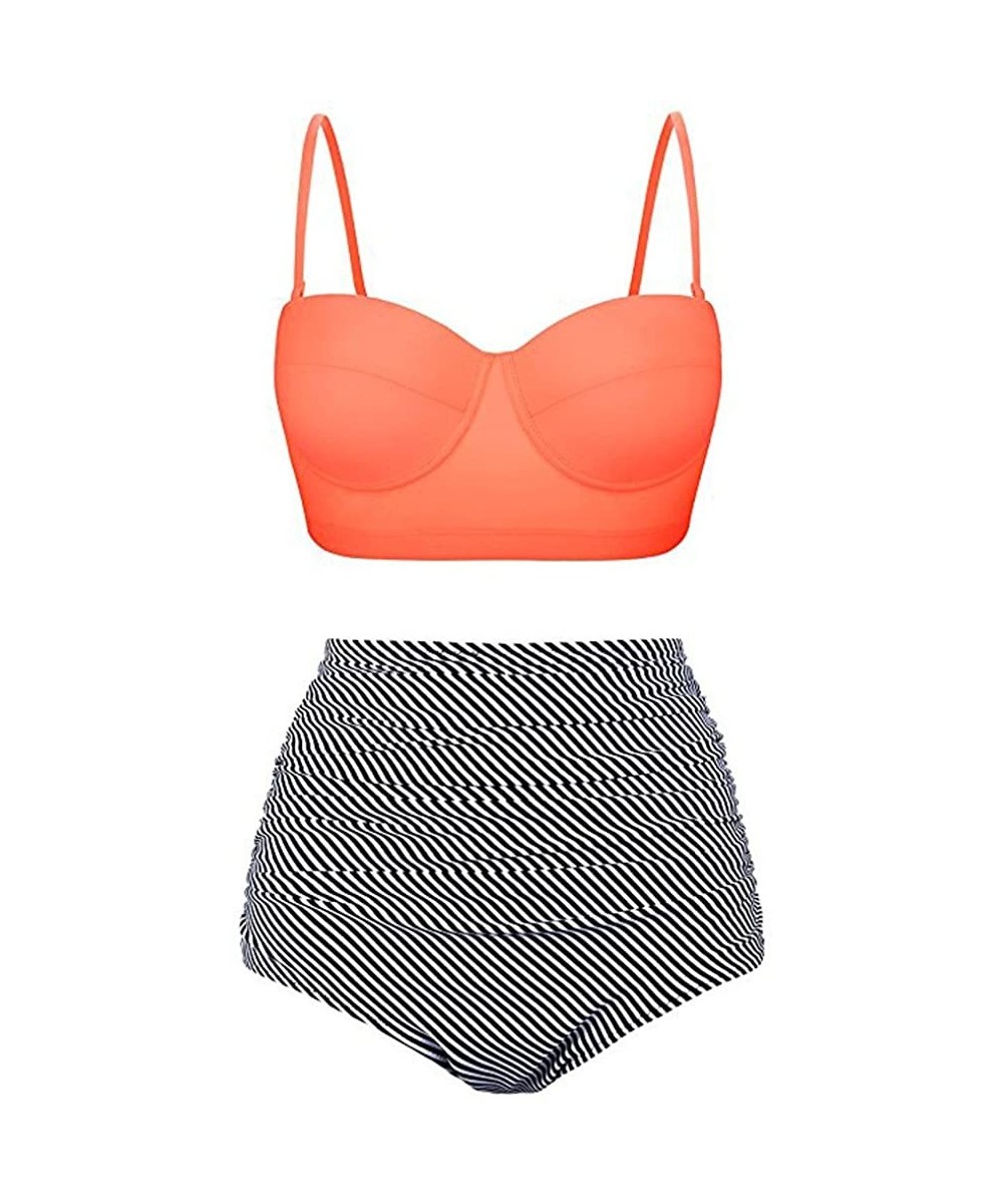 High Waist Bikinis Set Women Swimuit Printed Swimwear Retro Beachewear Bathing Suit - Orange - C8195ATLTR6 $11.56-Racing