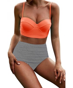 High Waist Bikinis Set Women Swimuit Printed Swimwear Retro Beachewear Bathing Suit - Orange - C8195ATLTR6 $11.56-Racing