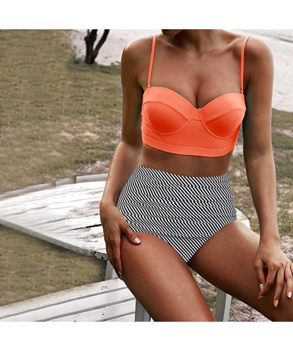 High Waist Bikinis Set Women Swimuit Printed Swimwear Retro Beachewear Bathing Suit - Orange - C8195ATLTR6 $11.56-Racing