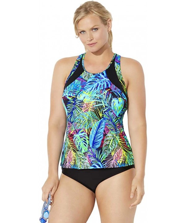 Women's Plus Size Chlorine Resistant Lycra Xtra Life High Neck Racerback Tankini Set with Bike Short - Fun Floral - C518XAZ6S...