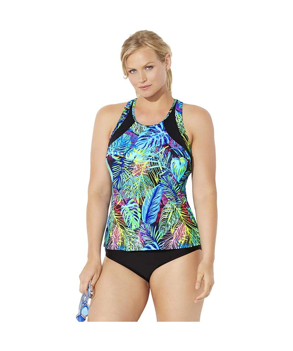 Women's Plus Size Chlorine Resistant Lycra Xtra Life High Neck Racerback Tankini Set with Bike Short - Fun Floral - C518XAZ6S...