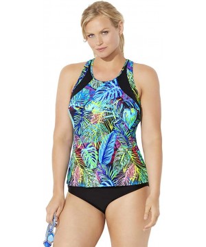 Women's Plus Size Chlorine Resistant Lycra Xtra Life High Neck Racerback Tankini Set with Bike Short - Fun Floral - C518XAZ6S...