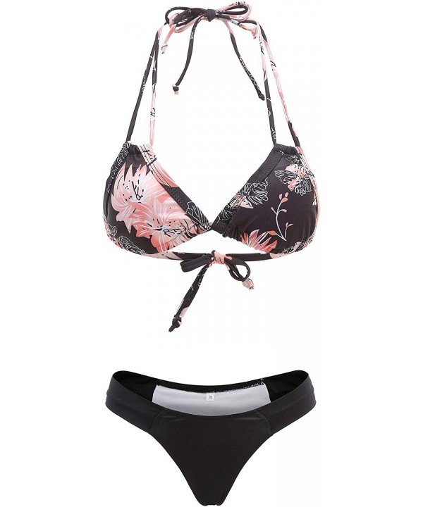 Women's Two Piece Swimsuit Floral Print Thong Bikini Sets - Black - CK18Y6L2DQM $22.21-Sets