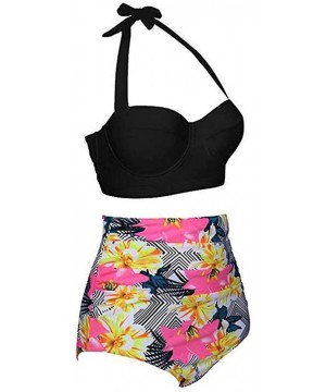 Women Floral Patchwork Halter Neck High Waist Bikini Set Sets - Black Pink - C6194MLUNAG $46.82-Sets