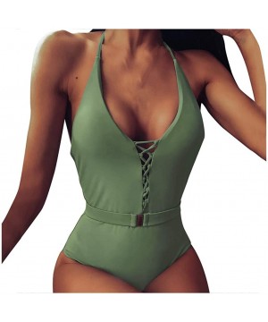 Women One-Piece Monokini Swimsuit Soild Deep V Bandage Backless Bikini Ladies Beachwear - Green - CF196MHYUOR $13.19-One-Pieces