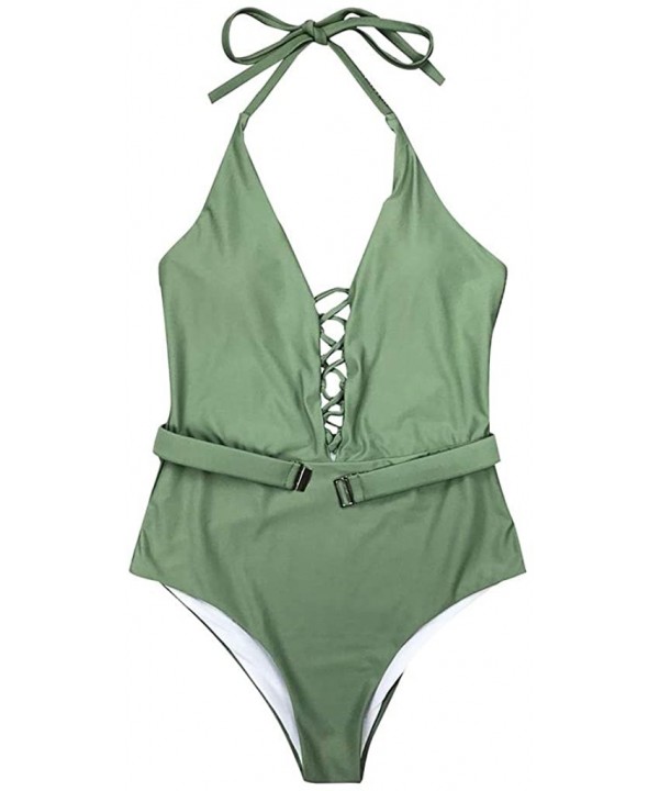 Women One-Piece Monokini Swimsuit Soild Deep V Bandage Backless Bikini Ladies Beachwear - Green - CF196MHYUOR $13.19-One-Pieces