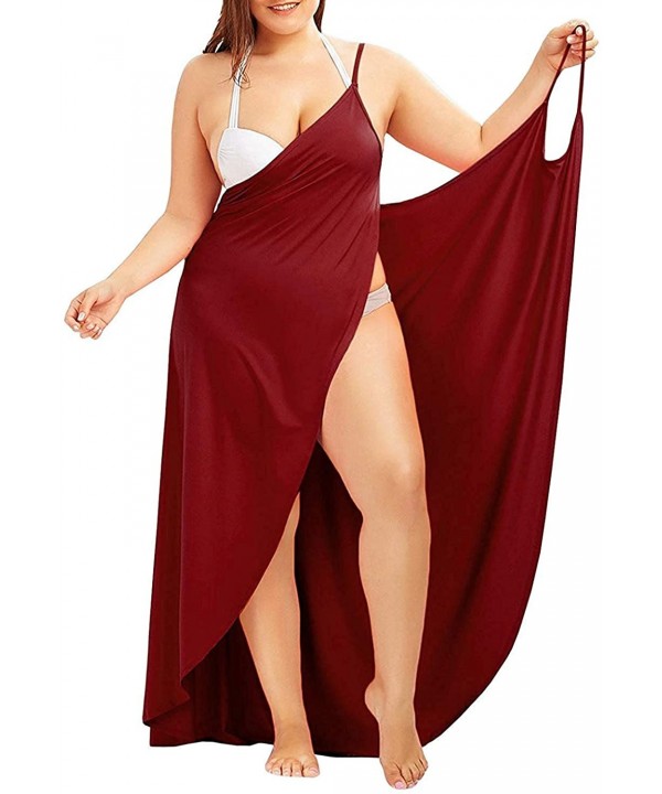 Womens Plus Size Spaghetti Strap Cover Up Sexy Summer Beach Backless Wrap Maxi Long Dress - Wine Red - CZ18Q8OIM7T $18.87-Cov...