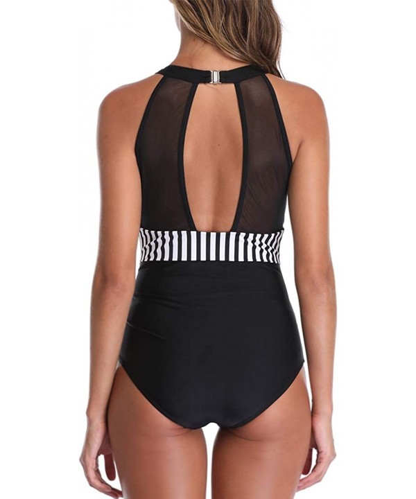 Womens One Piece Swimsuits Monokini Tummy Control Swimwear High Neck Halter - Black White Dot - CS18TITOMXE $27.60-One-Pieces