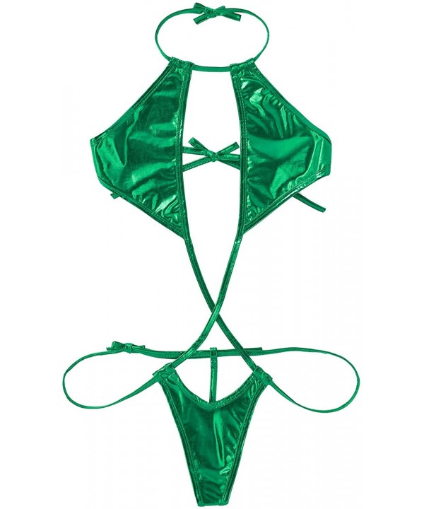 Woman Slingshot Lingerie One-Piece Metallic Wet Look Halter Neck Micro Bikini Swimsuit Monokini - Green - C7194USAI5Y $15.04-...