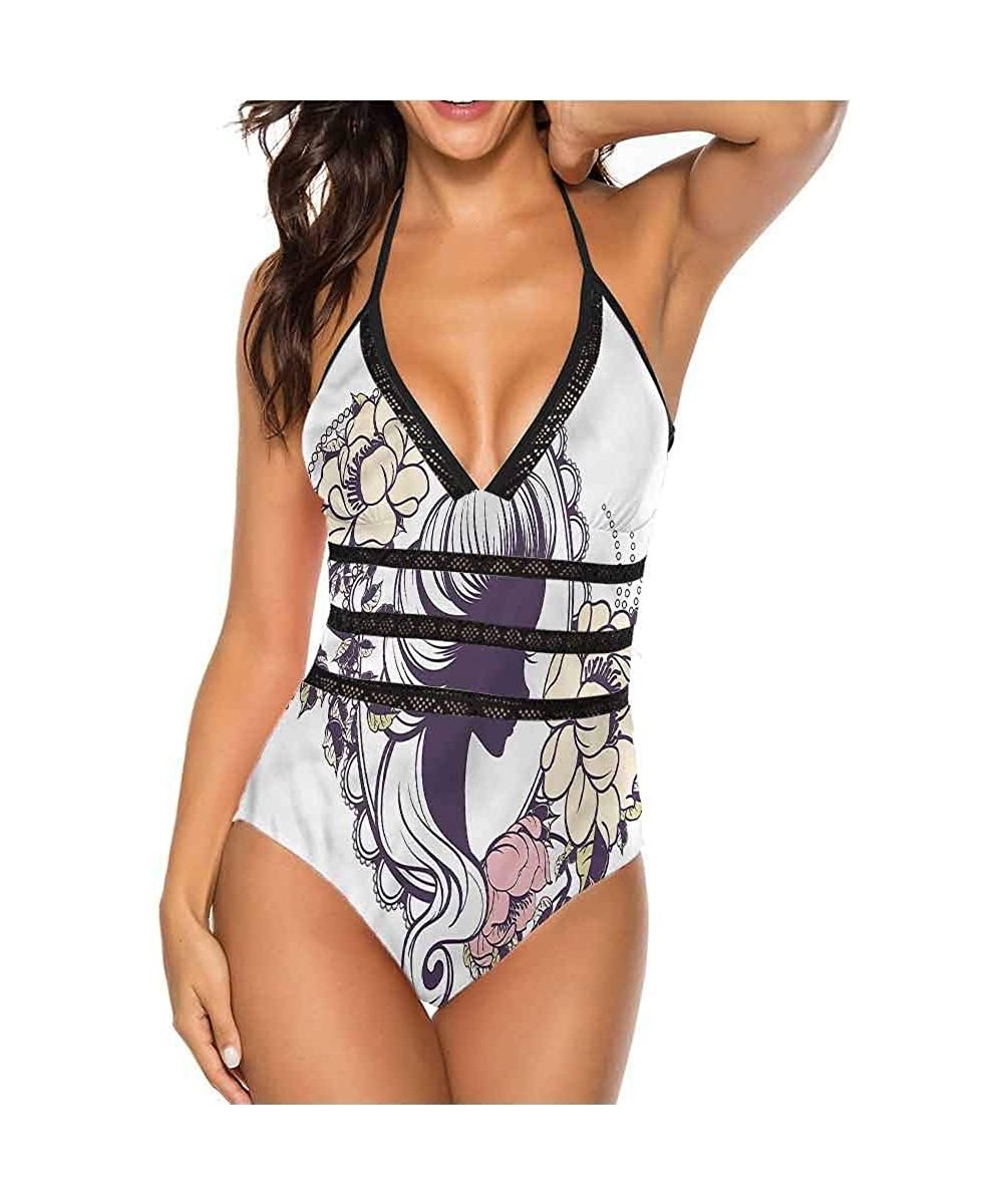 Women's Strappy Swimwear Princess Portrait Frame Great for Pool Party - Multi 01 - CZ190AX0CDL $44.19-One-Pieces