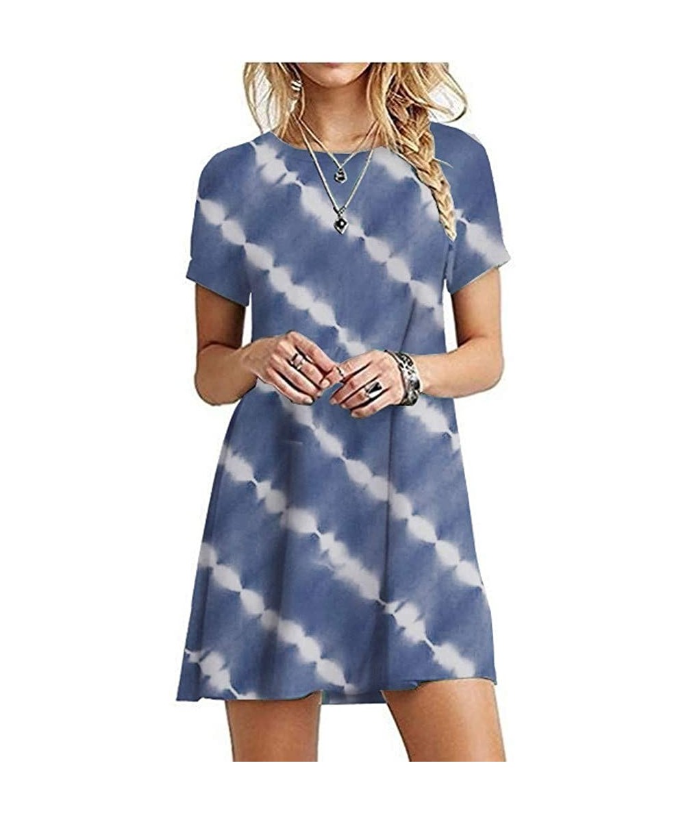 Plus Size Dresses Women Short Sleeve Tie-Dye Shift A Line T Shirt Dress with Pockets - Navy - CI19DEOLEAC $18.66-Rash Guards