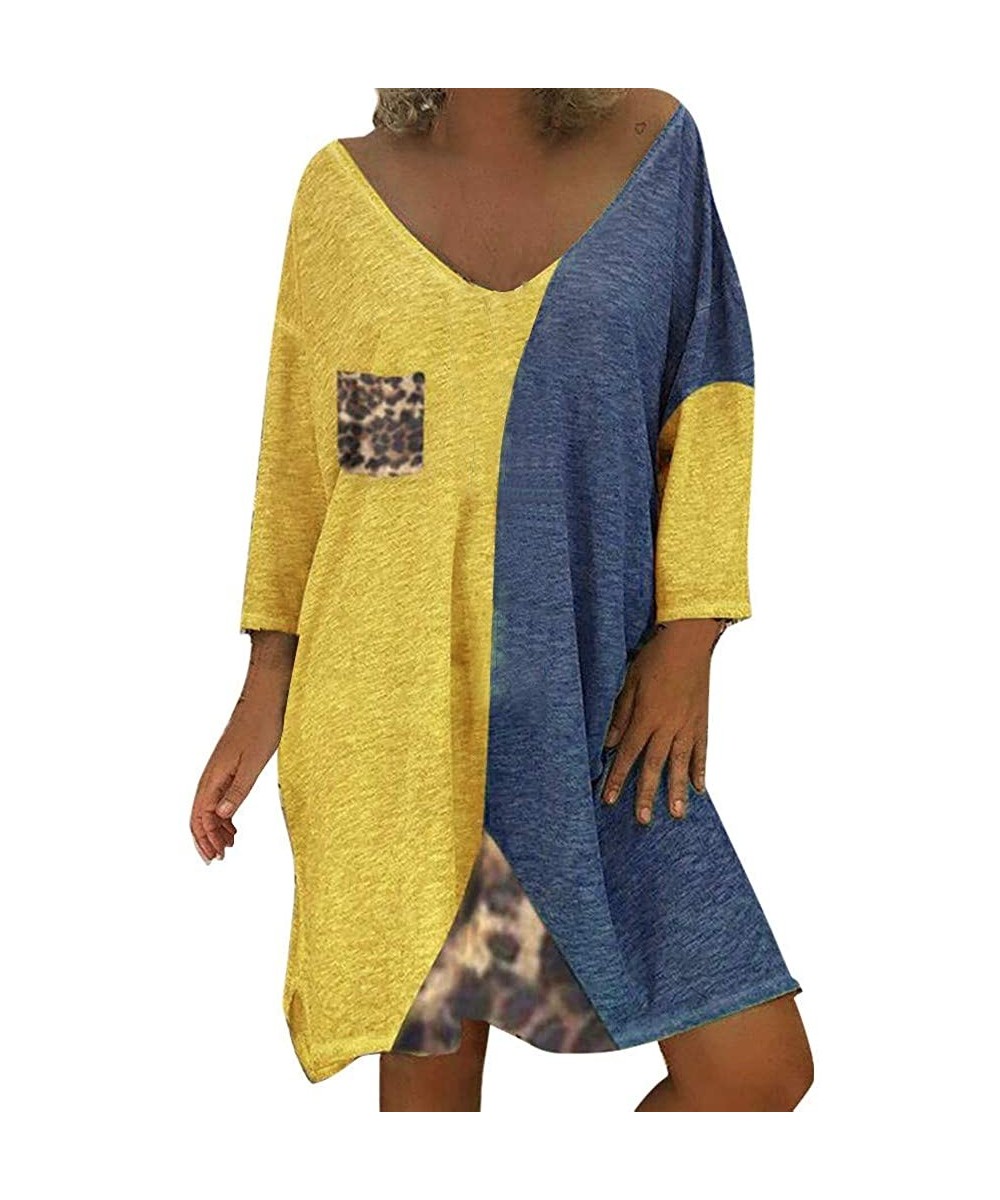 Women's Patchwork Long Mini Dress Plus Size Loose Leopard Sleeve O-Neck - A-yellow - CF18X6IK6ES $13.43-Bottoms