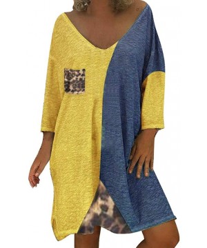 Women's Patchwork Long Mini Dress Plus Size Loose Leopard Sleeve O-Neck - A-yellow - CF18X6IK6ES $13.43-Bottoms