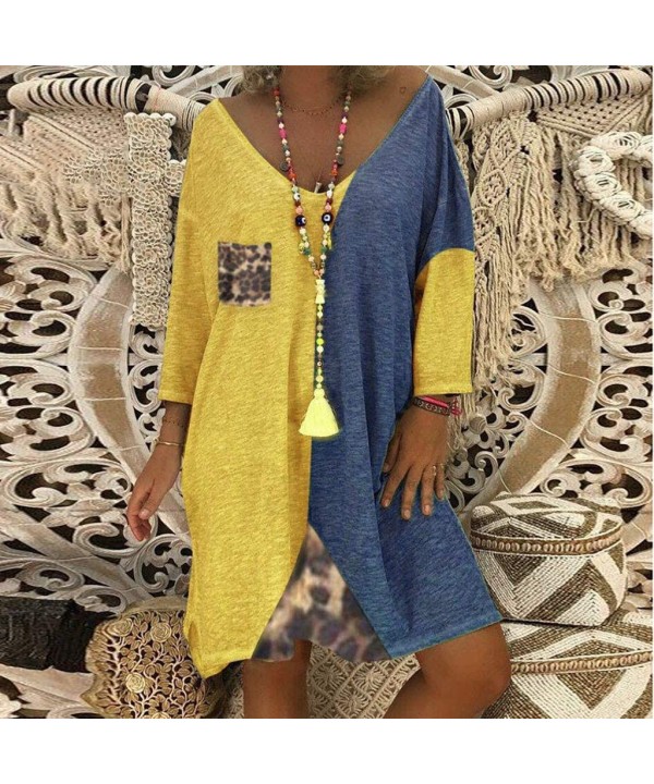 Women's Patchwork Long Mini Dress Plus Size Loose Leopard Sleeve O-Neck - A-yellow - CF18X6IK6ES $13.43-Bottoms