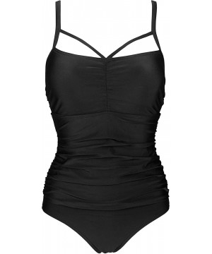 Women's Retro One Piece Bather Crisscross Mesh Front Bikini Shirring Swimsuit Ruffled Pin Up Swimwear(FBA) Black - CX18UNDUT0...