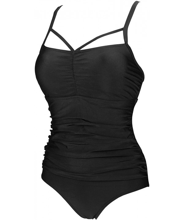 Women's Retro One Piece Bather Crisscross Mesh Front Bikini Shirring Swimsuit Ruffled Pin Up Swimwear(FBA) Black - CX18UNDUT0...