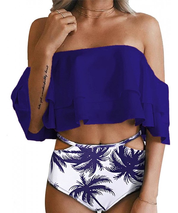 Women Two Piece Swimsuit High Waisted Off Shoulder Ruffled Bikini Set - Bu Tree-1 - CY18NY5QIXM $28.42-Sets