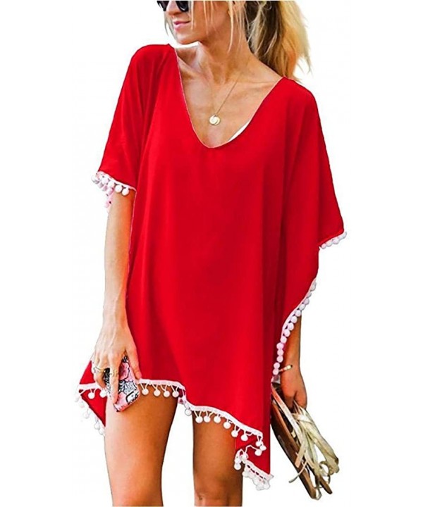 Women Bikini Cover Up Half Sleeve Loose Swimsuit V-Neck Tassel Ball Tops Cover-Ups - Red - CK19647Y3KT $43.34-Cover-Ups