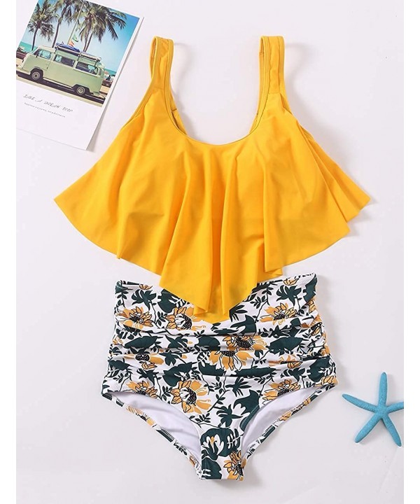 Two Piece Bikini Set Swimsuits for Women Bathing Suit Ruched High Waisted Bikini Tankini Set - Yellow Bathing Sui - CM18T97ON...