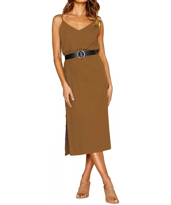 Women Summer Maxi Dress Spaghetti Strap V Neck Long Dress Casual Loose Sundress - 09-khaki - CI18S599GOG $19.32-Cover-Ups