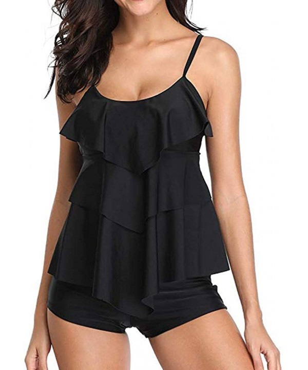 Women's Floral Ruffle Tankini Swimsuit Set Spaghetti Top Flounce Plus Size Two Pieces with Boyshorts Bathing Suit - Black-10 ...