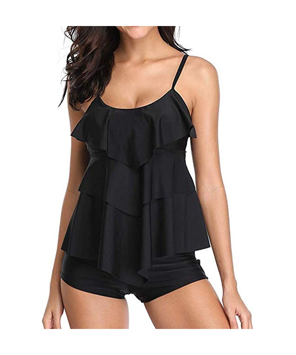 Women's Floral Ruffle Tankini Swimsuit Set Spaghetti Top Flounce Plus Size Two Pieces with Boyshorts Bathing Suit - Black-10 ...