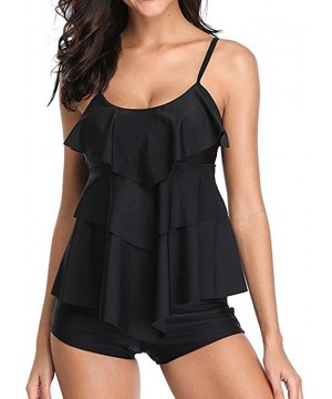 Women's Floral Ruffle Tankini Swimsuit Set Spaghetti Top Flounce Plus Size Two Pieces with Boyshorts Bathing Suit - Black-10 ...