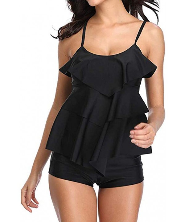 Women's Floral Ruffle Tankini Swimsuit Set Spaghetti Top Flounce Plus Size Two Pieces with Boyshorts Bathing Suit - Black-10 ...