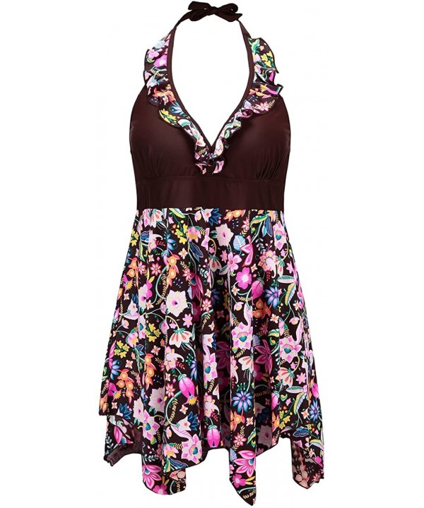 Women's Halter Swimsuit Floral Plus Size One Piece Swimdress - Coffee - CT18DZWYK3H $18.98-One-Pieces