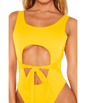 Womens Sexy Cutout Strappy Tie Front High Cut Monokini One Piece Swimsuit - Yellow - CM193OKLLE2 $18.88-One-Pieces