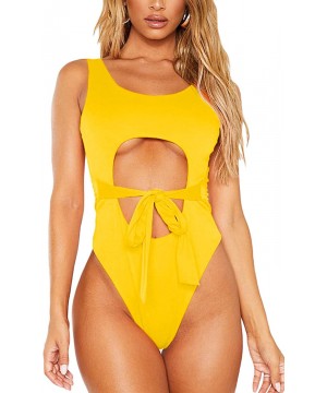 Womens Sexy Cutout Strappy Tie Front High Cut Monokini One Piece Swimsuit - Yellow - CM193OKLLE2 $18.88-One-Pieces