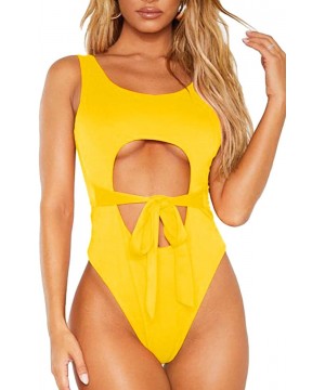 Womens Sexy Cutout Strappy Tie Front High Cut Monokini One Piece Swimsuit - Yellow - CM193OKLLE2 $18.88-One-Pieces