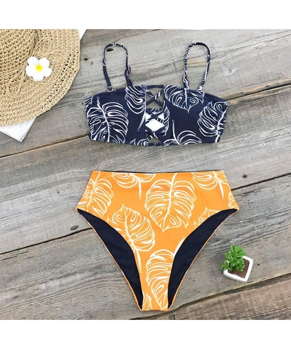 Women's Two Piece Swimsuits Bandeau Lace Up High Waist 2PCS Bikini Set Simsuit - Navy - CZ18TC63QMH $16.51-Sets