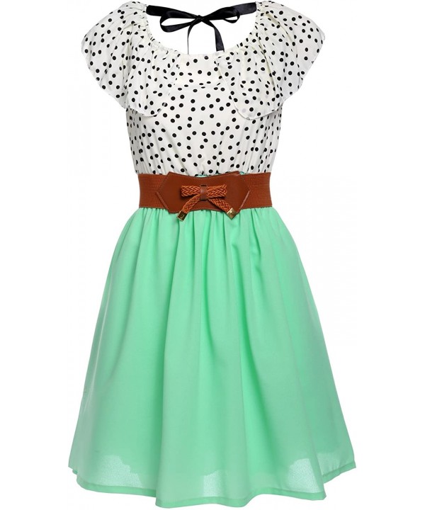 Women Chiffon Summer Dots A-line Pleated Party Cocktail Dress With Belt- Light Green- Large - CN12IIOQCUD $27.84-Cover-Ups