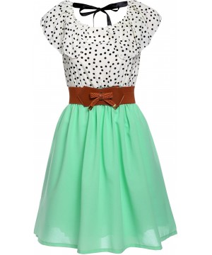 Women Chiffon Summer Dots A-line Pleated Party Cocktail Dress With Belt- Light Green- Large - CN12IIOQCUD $27.84-Cover-Ups