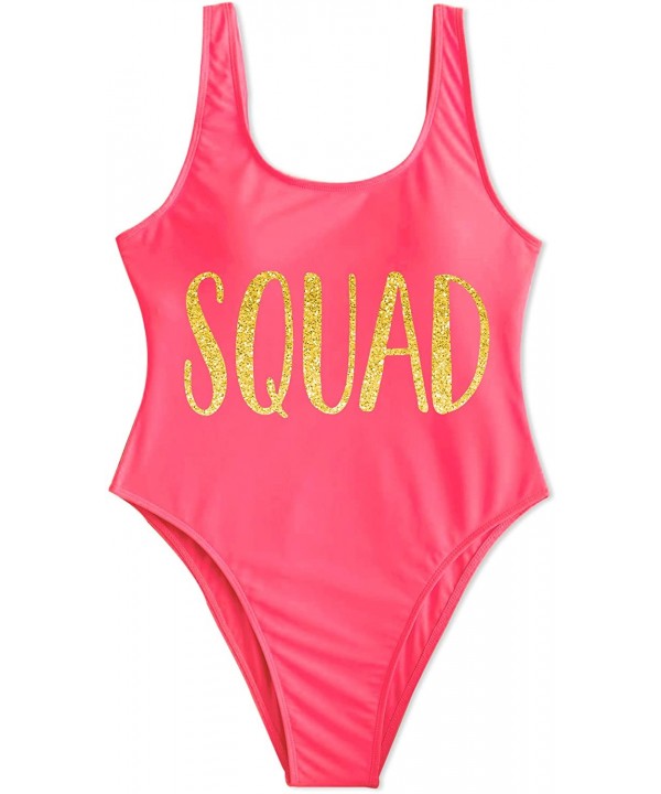 Bride Squad Bachelorette Pool Party One Piece High Leg Swimsuit - Squad - Neon Pink - CZ199T6KNGS $20.24-One-Pieces