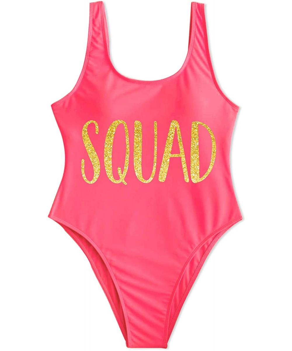 Bride Squad Bachelorette Pool Party One Piece High Leg Swimsuit - Squad - Neon Pink - CZ199T6KNGS $20.24-One-Pieces