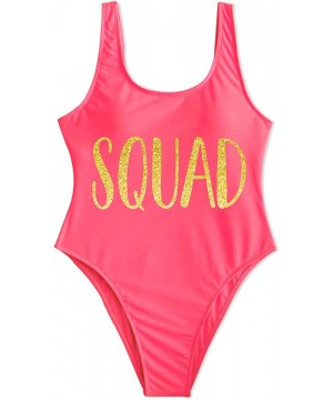 Bride Squad Bachelorette Pool Party One Piece High Leg Swimsuit - Squad - Neon Pink - CZ199T6KNGS $20.24-One-Pieces