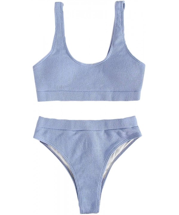 Women's High Waisted Solid Bikini Sets Two Piece Crop Top Swimsuits - Blue - CC19D385XXU $15.53-Sets