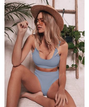 Women's High Waisted Solid Bikini Sets Two Piece Crop Top Swimsuits - Blue - CC19D385XXU $15.53-Sets