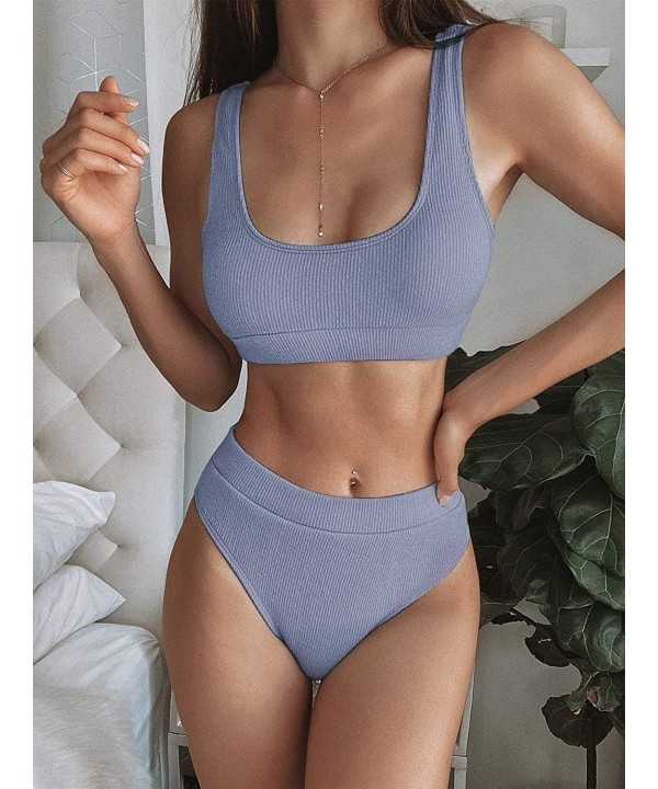 Women's High Waisted Solid Bikini Sets Two Piece Crop Top Swimsuits - Blue - CC19D385XXU $15.53-Sets