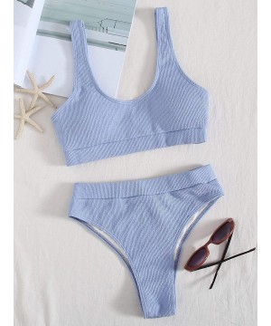 Women's High Waisted Solid Bikini Sets Two Piece Crop Top Swimsuits - Blue - CC19D385XXU $15.53-Sets