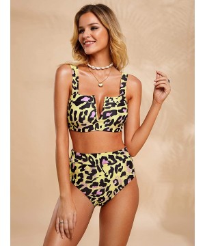 Womens Two Piece Swimsuits Leopard High Waist Strappy Bikini Set Padded Push Up Swimwear - Yellow - CR18AKAOHDM $23.91-Sets