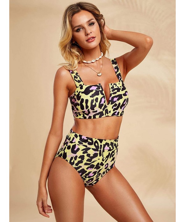 Womens Two Piece Swimsuits Leopard High Waist Strappy Bikini Set Padded Push Up Swimwear - Yellow - CR18AKAOHDM $23.91-Sets