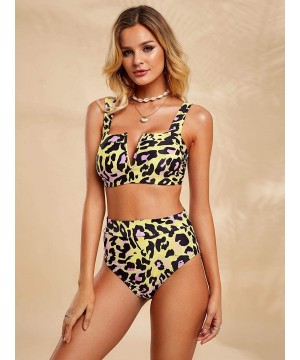 Womens Two Piece Swimsuits Leopard High Waist Strappy Bikini Set Padded Push Up Swimwear - Yellow - CR18AKAOHDM $23.91-Sets