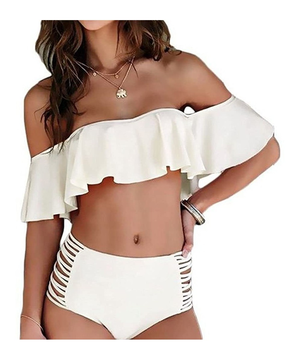 Women's 5 Colors Sexy Two Piece Off Shoulder Swimsuits High Waisted Bikini Set Swimwear Bathing Suit - White - CD17Z6ESTSA $1...