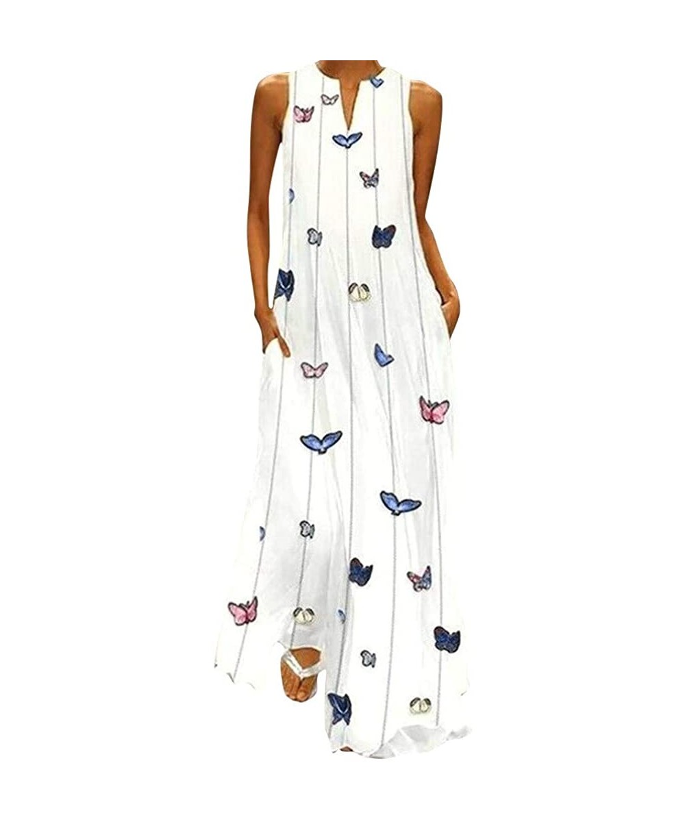 Women's Sleeveless Maxi Dress Vintage Boho Floral Summer Beach Tunic Tank Dress Casual Loose Swing Long Dresses - Z-2 White -...